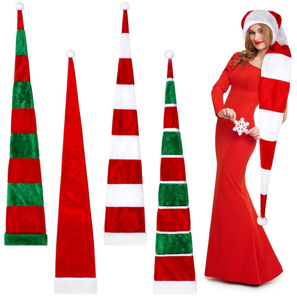 8281 4 Pcs Super Long Striped Santa Elf Hats - 59inch Plush Felt Tail